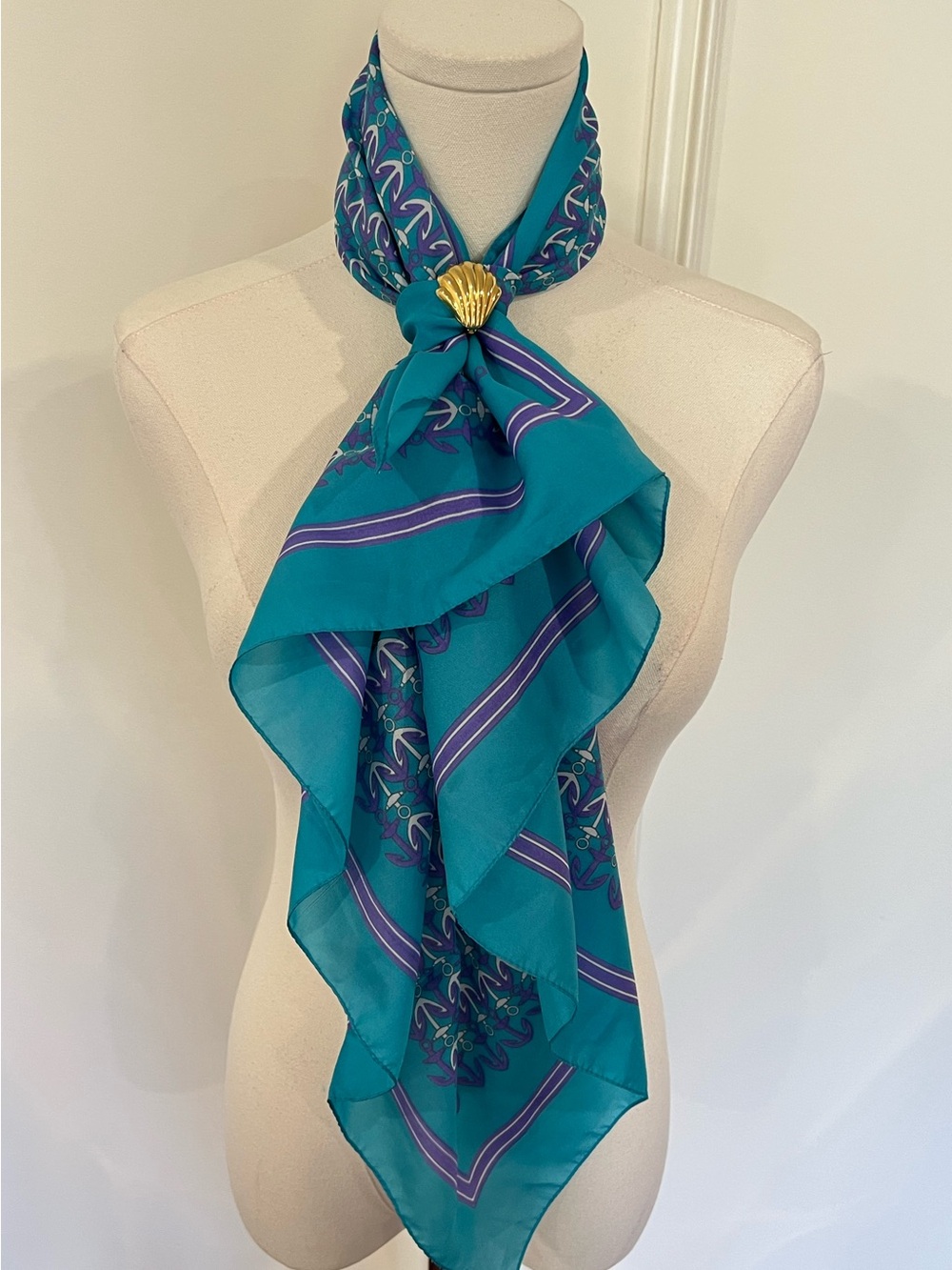 Vintage Made In Italy Anchor Print Scarf + 2 Scarf Rings Nautical Coastal Set